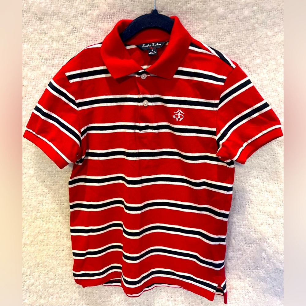 BROOKS BROTHERS boys navy red and white stripe polo shirt Size S good condition